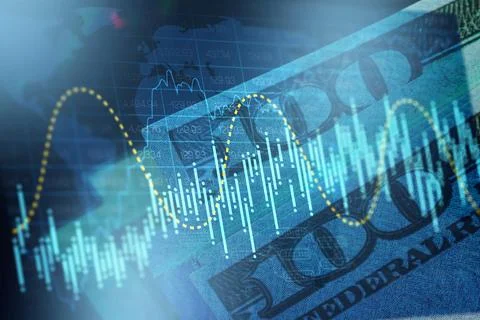 Stock exchange trading chart with graph and dollar bill in background Stock Photos