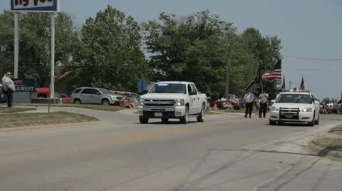 Stock Footage - 4th of July Parade - Police cars, Veterans, Flags, crowd, Stock Footage
