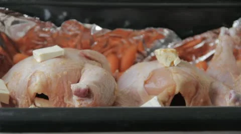 Stock Footage- Cooking Food - Woman Sprinkling seasoning on Raosting Chicken Stock Footage