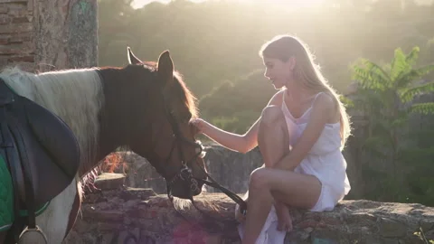 Stock Footage woman with a horse at sunset Stock Footage