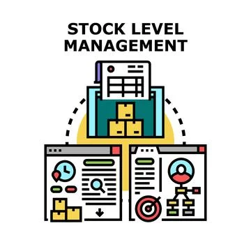 Stock level management process controlling warehouse inventory Stock Illustration