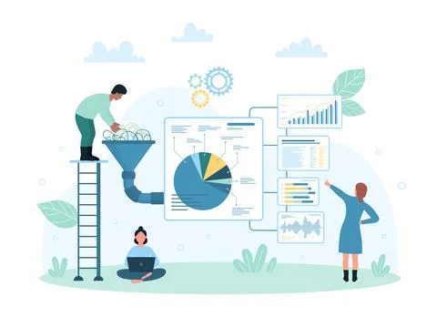 Stock market analytics, tiny people work on conversion of big data to charts in Stock Illustration