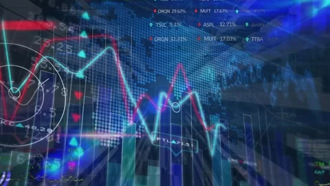 Stock market and statistical data processing against world map on blue Stock Footage 329706363