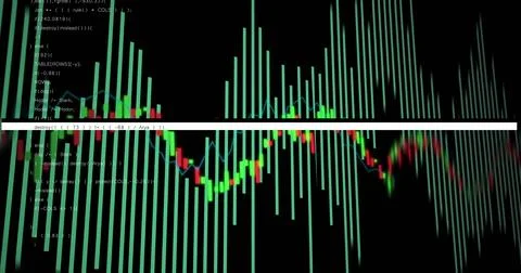 Stock market data analysis image over fluctuating candlestick chart Stock Illustration