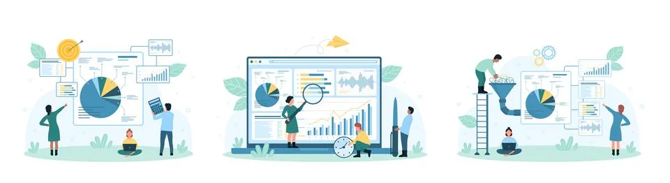 Stock market data analytics set, tiny people work with big data in funnel Stock Illustration