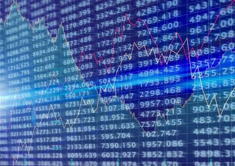Stock market data and graphs processing over blue background, finances and Stockillustratie