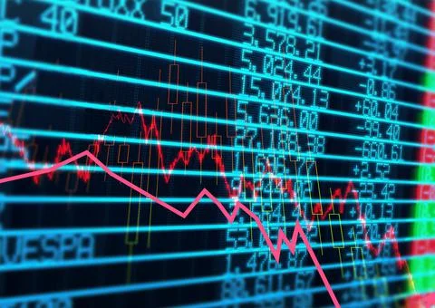 Stock market data and graphs processing over black background, finances and Stock Illustration