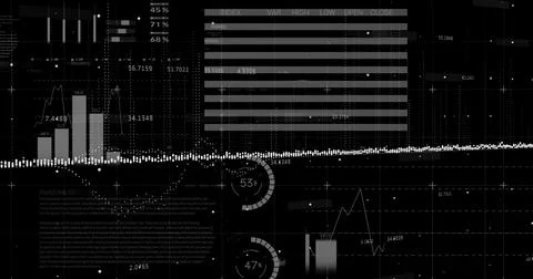 Stock market data and statistical data processing against black background Stock Illustration