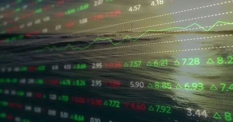 Stock market data animating over ocean waves during sunset, creating dynamic Stock Footage 326301565
