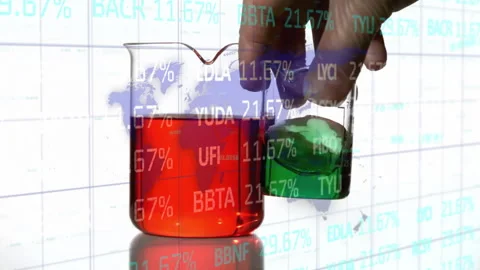 Stock market data animation over hands holding beakers with red and green Stock Footage 304256472