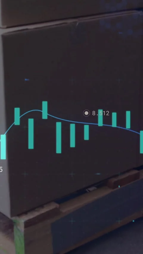 Stock market data animation over stacked cardboard boxes on wooden pallet Stock Footage 319617653