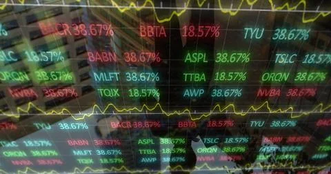Stock market data displayed on screen with fluctuating financial graphs Illustrazione stock