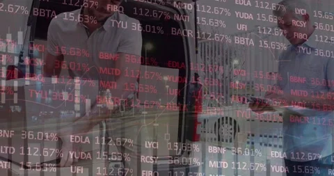 Stock market data processing against caucasian delivery man stacking boxes in Stock Footage 157675572