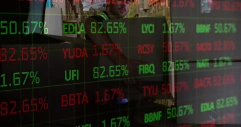 Stock market data processing against caucasian male worker stacking boxes in Stock Footage 157906203