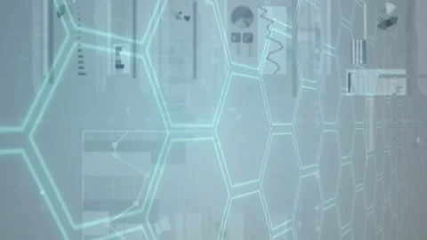 Stock market data processing against hexagonal shape pattern design on blue Stock Footage 312411067