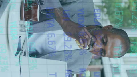 Stock market data processing against  senior man having a snack Stock Footage 314079043