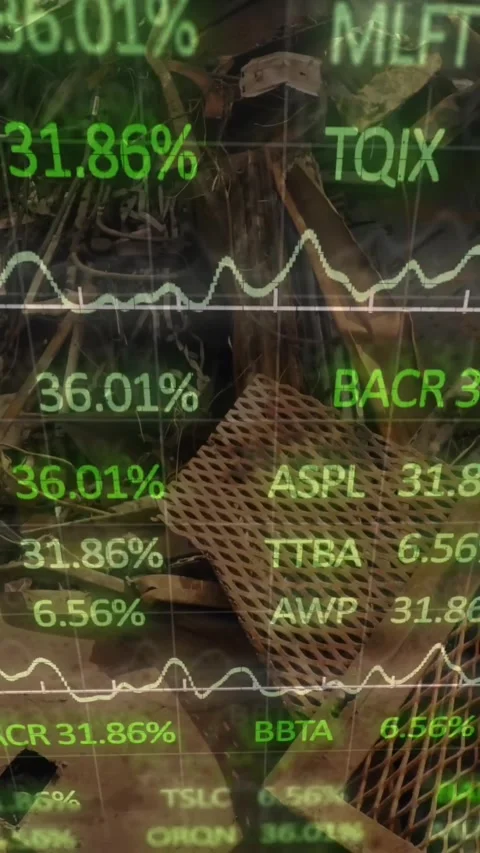 Stock market data processing against heap of scrap at junkyard Stock Footage 323151573