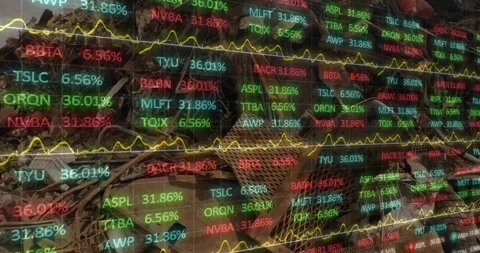Stock market data processing against heap of scrap at junkyard Stock Footage 328310877