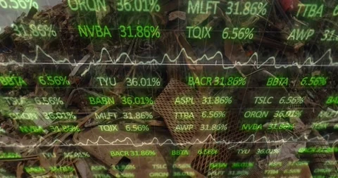 Stock market data processing against heap of scrap at junkyard Stock Footage 328461296