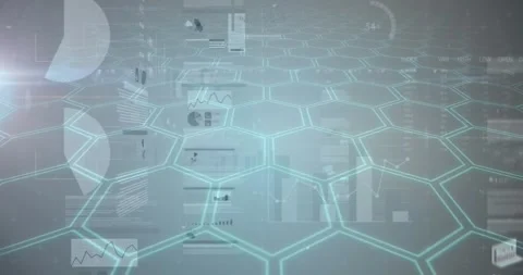 Stock market data processing against hexagonal shape pattern design on blue Stock Footage 330590584