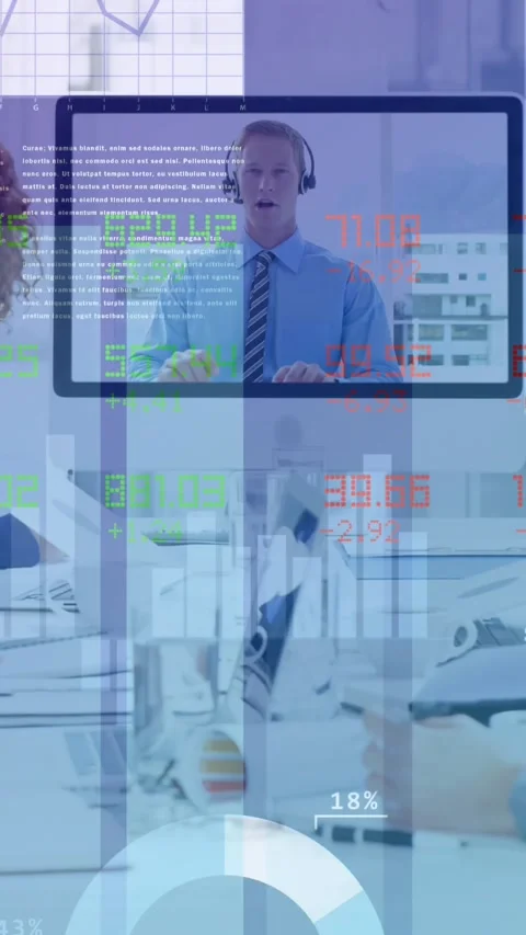 Stock market data processing against business people having a video conference Video stock 331718233