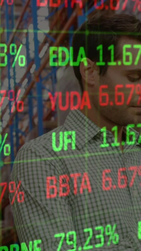 Stock market data processing against caucasian male supervisor checking stock at Stock Footage 342612416