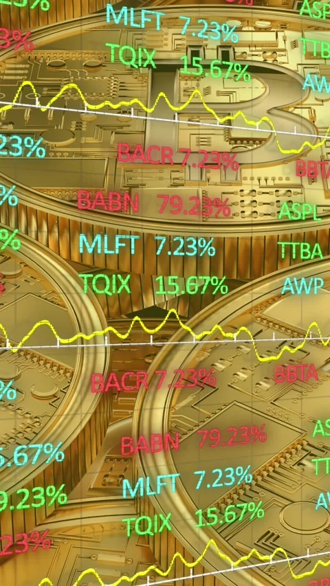 Stock market data processing against golden bitcoins. Stock Footage 343641185