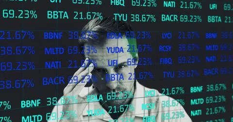 Stock market data processing against man with hand on his head Illustrazione stock