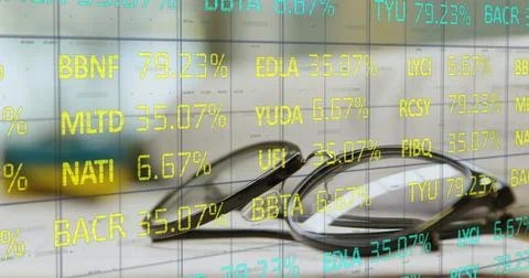 Stock market data processing against glasses lying on a table Stock Illustration