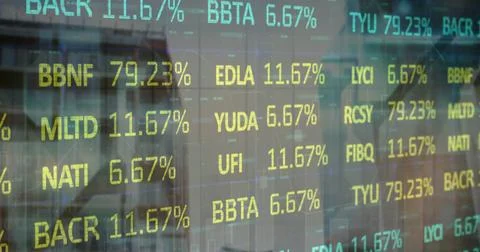 Stock market data processing against time-lapse of people waking on the street Stock Illustration