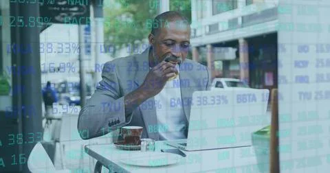 Stock market data processing against african american senior man having a snack イラスト素材