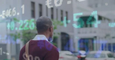 Stock market data processing against african american senior man with bicycle Stock Illustration