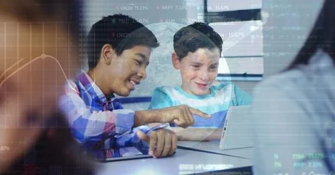 Stock market data processing against two male diverse students using digital 库存插图