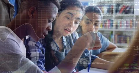 Stock market data processing against group of students studying together at Stock Illustration