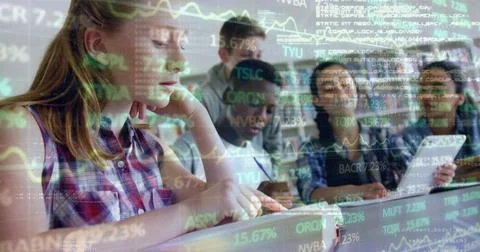 Stock market data processing against group of students studying together at Stock Illustration