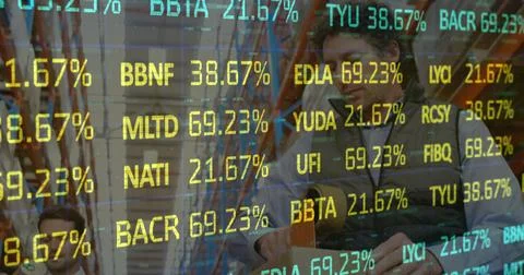 Stock market data processing against caucasian male worker packing boxes at Illustrazione stock