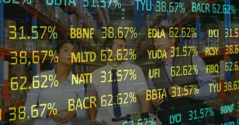 Stock market data processing against diverse male and female supervisors Illustrazione stock