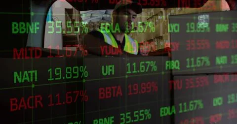 Stock market data processing against caucasian male worker stacking boxes in Stock Illustration