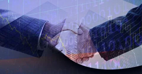 Stock market data processing against mid section of two businessmen shaking Stockfoto's