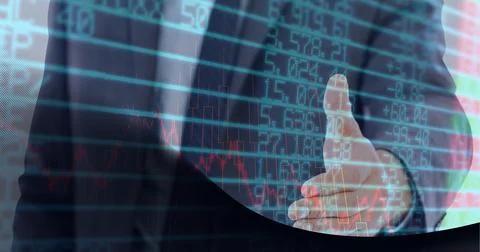 Stock market data processing against mid section of businessman approaching for 库存照片