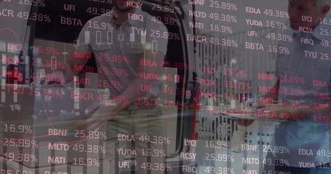 Stock market data processing against caucasian delivery man stacking boxes in 库存照片