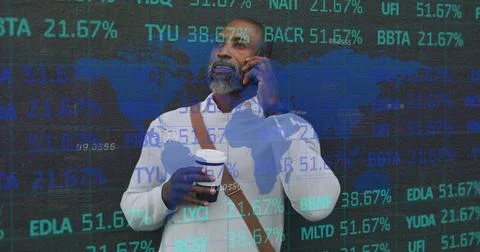 Stock market data processing against man holding coffee cup talking o smartphone Stock Photos