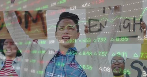 Stock market data processing against group of diverse people protesting Stock Photos