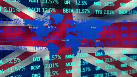 Stock market data processing and world map against United Kingdom flag Stock Footage 134056795