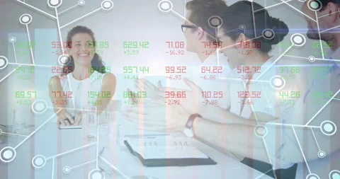 Stock market data processing and microprocessor connections against office Vídeo Stock 153159807