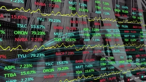 Stock market data processing and light trails against time-lapse of people 스톡 동영상 158687463