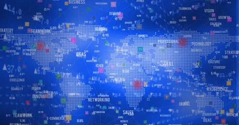 Stock market data processing and business concept texts over world map against Stock Illustration