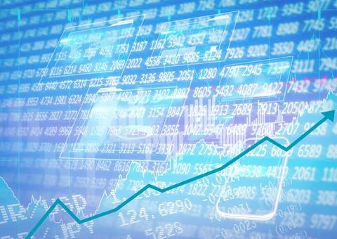 Stock market data processing and device icons over blue background, economy and Stock Illustration
