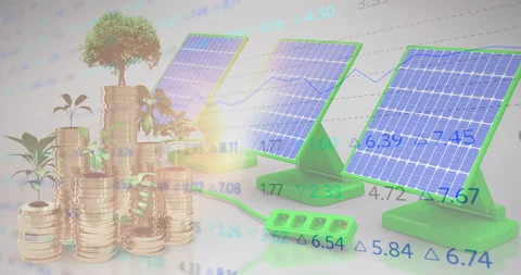 Stock market data processing over plants on stack of gold coins against solar Stock Footage 150222070