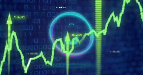 Stock market data processing over binary code background with fluctuating graph Stock Footage 307736641